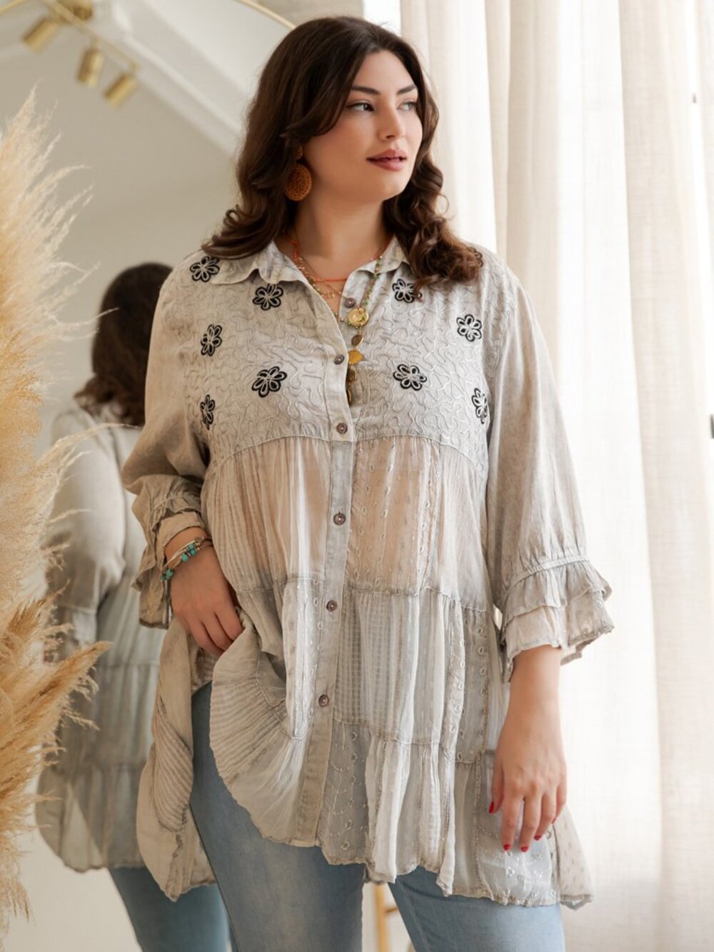 Women’S Mexican Embroidery Blouse Gathered Waist Shirt